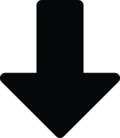 Solid black arrow pointing downwards, clear indicator for download, scroll down, or direction below, simple graphic for web and print use, high resolution available png