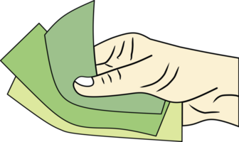 A cartoon-styled depiction of a hand holding green dollar notes, representing financial concepts such as money and wealth. Ideal for illustrating topics on finance, investment, or business. png