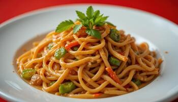 Close-up of a plate of pasta with colorful vegetables. photo