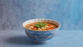 Delicious soup served in a decorative bowl. photo