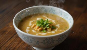 Steam rising from a bowl of creamy soup with garnish. photo