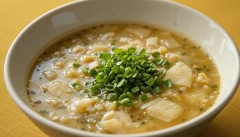 Creamy vegetable soup in a white bowl. photo
