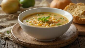 Creamy, autumnal vegetable soup in a white bowl. photo