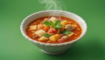Steaming bowl of hearty vegetable soup with herbs. photo