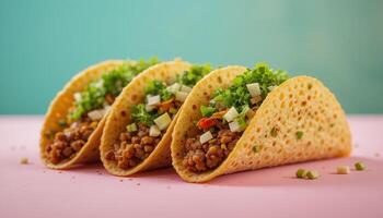Three delicious lentil tacos arranged on a pink surface. photo