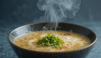 A steaming bowl of hot delicious soup. photo