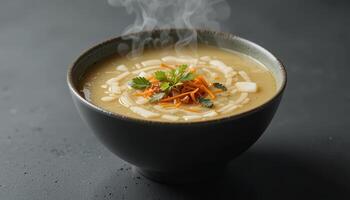 Creamy, steaming soup in a dark bowl. photo