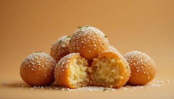 Crispy, cheesy bites piled high on a pale background. photo