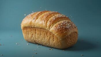 A close-up view of a loaf of artisan bread. photo
