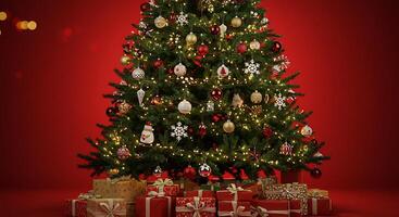A christmas tree with presents on a red background photo