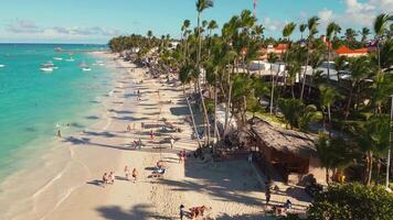 Aerial view of a tropical beach near a hotel with many tourists in Punta Cana, Dominican Republic. People are relaxing, sunbathing, and swimmin video
