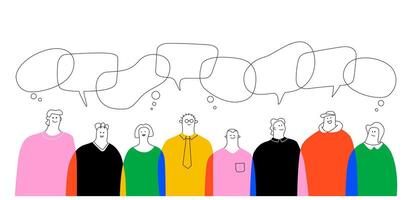A bright horizontal illustration with a crowd of different stylized people and a series of linear intersecting speech bubbles above them. The concept of society and communication. vector
