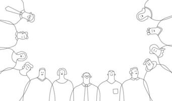 A minimalistic crowd of various human figures in the shape of a semicircle. Linear abstract characters with an empty space in the middle. vector