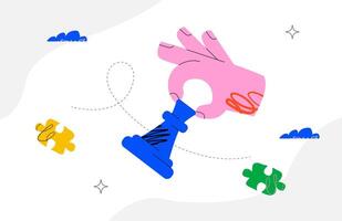 Conceptual illustration with a pink hand holding a blue chess rook, surrounded by colorful puzzle pieces and abstract shapes on a white background. A metaphor for strategy and problem solving. vector