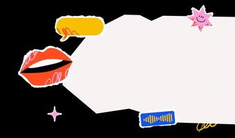 A collage of a torn piece of paper, a speech bubble, lips, a star and a sound symbol and doodles. Bright design and template for various announcements and information. vector