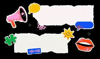 Torn paper pieces surrounded by megaphone, speech bubbles, lips, stars, scribbles. A vibrant design and template for various announcements or content. vector