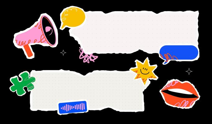Torn paper pieces surrounded by megaphone, speech bubbles, lips, stars, scribbles. A vibrant design and template for various announcements or content.