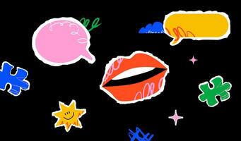 A vivid illustration with various colorful graphic elements scattered over a black background, including lips, speech bubbles, stars, and puzzle pieces. vector