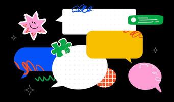 A vivid illustration with colorful speech bubbles of various shapes and sizes, as well as abstract doodles and stars. The concept of conversation, communication and different opinions. vector