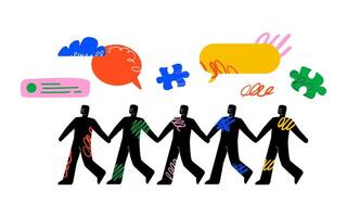 Silhouettes of abstract human figures walking behind each other and holding hands, surrounded by speech bubbles, puzzles and doodles. A symbol of unity, society, communication and interaction. vector