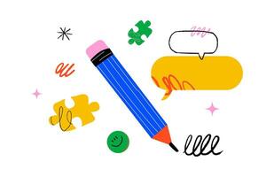 A large blue pencil surrounded by puzzle pieces, speech bubbles, doodles and smileys and stars. The concept of the theme of creativity, writing and communication. vector
