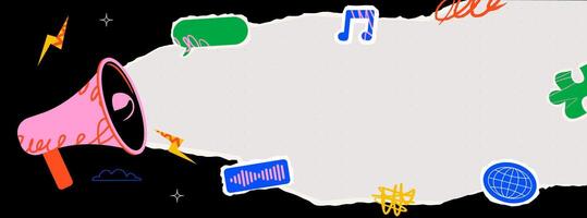 A dynamic and eclectic illustration with a megaphone, musical notes, a sound wave symbol, a globe and puzzle pieces and torn paper. A design template for announcements and advertisements. vector