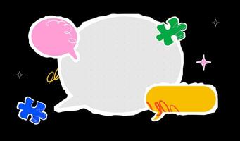 A collage of a large speech bubble in the middle, puzzle pieces and colorful balloons around. The concept of information transmission, communication, and dialogue. vector