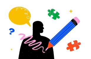A silhouette of a man and a large pencil with a pink line surrounded question mark, puzzle pieces and a star on a white background. The concept of creativity and problem solving. vector