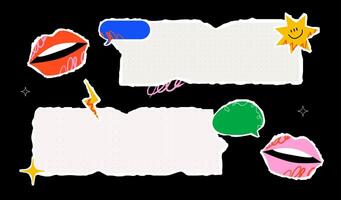 Two torn paper banners in light colors surrounded by playful graphic elements such as lips, speech bubbles, stars and lightning on a black background. A dynamic template for different messages. vector