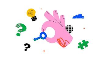 A conceptual illustration with a stylized hand holding a key surrounded by various colorful graphic elements, a light bulb, question marks, a puzzle piece and doodles. A metaphor for problem solving. vector