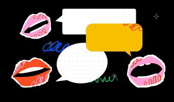 Colorful lips and speech bubbles scattered on a black background with abstract drawings and stars. A symbol of conversation, expression and communication. vector