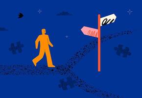 A conceptual illustration with a stylized human figure walking along a path to the signs and a forking road beyond. A metaphor for choice, decision-making, and life path. vector