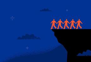 A conceptual and dramatic illustration with silhouettes of people holding hands walking towards a cliff. A metaphor for unity, carelessness, fall, recession and failure of society. vector