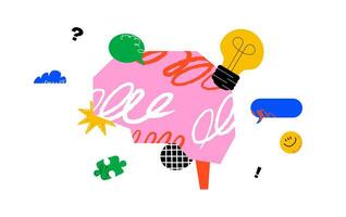 A stylized brain surrounded by various graphic elements, a light bulb, puzzle pieces, speech bubbles and abstract doodles. The concept of creativity, ideas and mind. vector