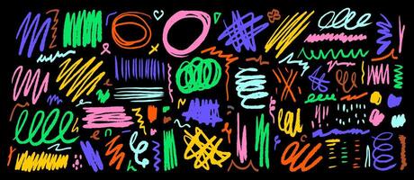 A set of different multi colored hand-drawn lines, strokes, flourishes, doodles, swirls, sketches, stripes, scratches on a black background. Bright design elements. vector