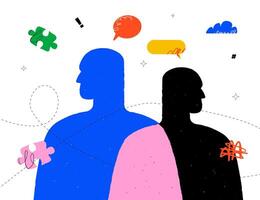 A conceptual and vivid illustration with two overlay abstract figures standing back to back surrounded by colorful speech bubbles and puzzle pieces. The metaphor of interaction and bond. vector
