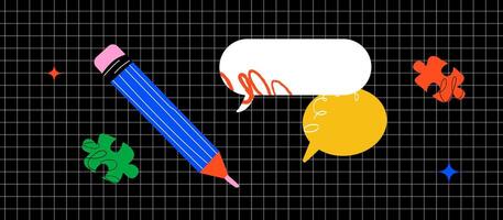 A vivid illustration with a large blue pencil, speech bubbles, puzzle pieces and stars on a black grid background. The concept of the theme of creativity, communication and information announcements. vector