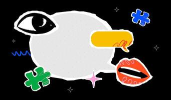A bright collage with a speech bubble in the center surrounded by various eye shapes, lips, stars and puzzle pieces on a black background. A design template for communication, expression. vector