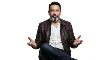 A man sitting on the floor with his hands out photo