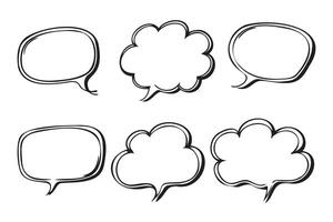 Set of six hand-drawn comic speech and thought bubbles with different shapes on white background vector
