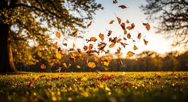 Autumn leaves falling in the grass photo