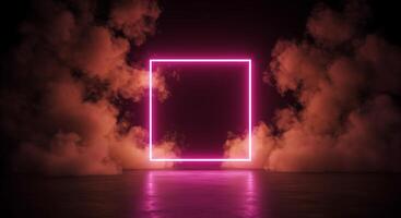 A neon pink square in the middle of a dark room photo