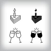 Glass clash, Cake slice candles and Entertainment design. Simple linear and flat event celebration icon set. vector