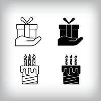 Gift box, flying Cake candles and fun design. Simple linear and flat event celebration icon set. vector