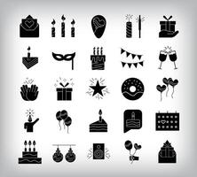 Decoration, cake, candle, firecracker and decoration and entertainment design. Simple set of 25 flat event and entertainment icons. vector