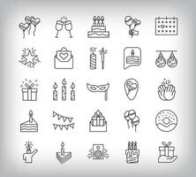 Birthday, cake, candle, dessert and decoration and fun design. Simple set of 25 linear event and fun icons. vector
