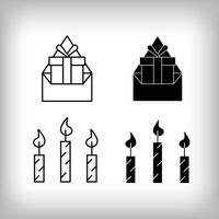 Gift envelope, burning candles and fun design. Simple linear and flat event celebration icon set. vector