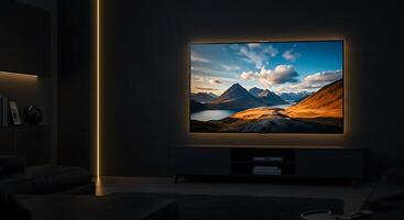 A tv with a picture of a mountain in the background photo