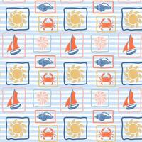 Tropical summer pattern with crab, sun, shells and ship. Marine retro background. vector