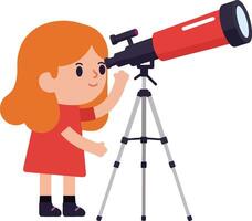 Girl observing through red telescope on tripod illustration in simple cartoon style vector